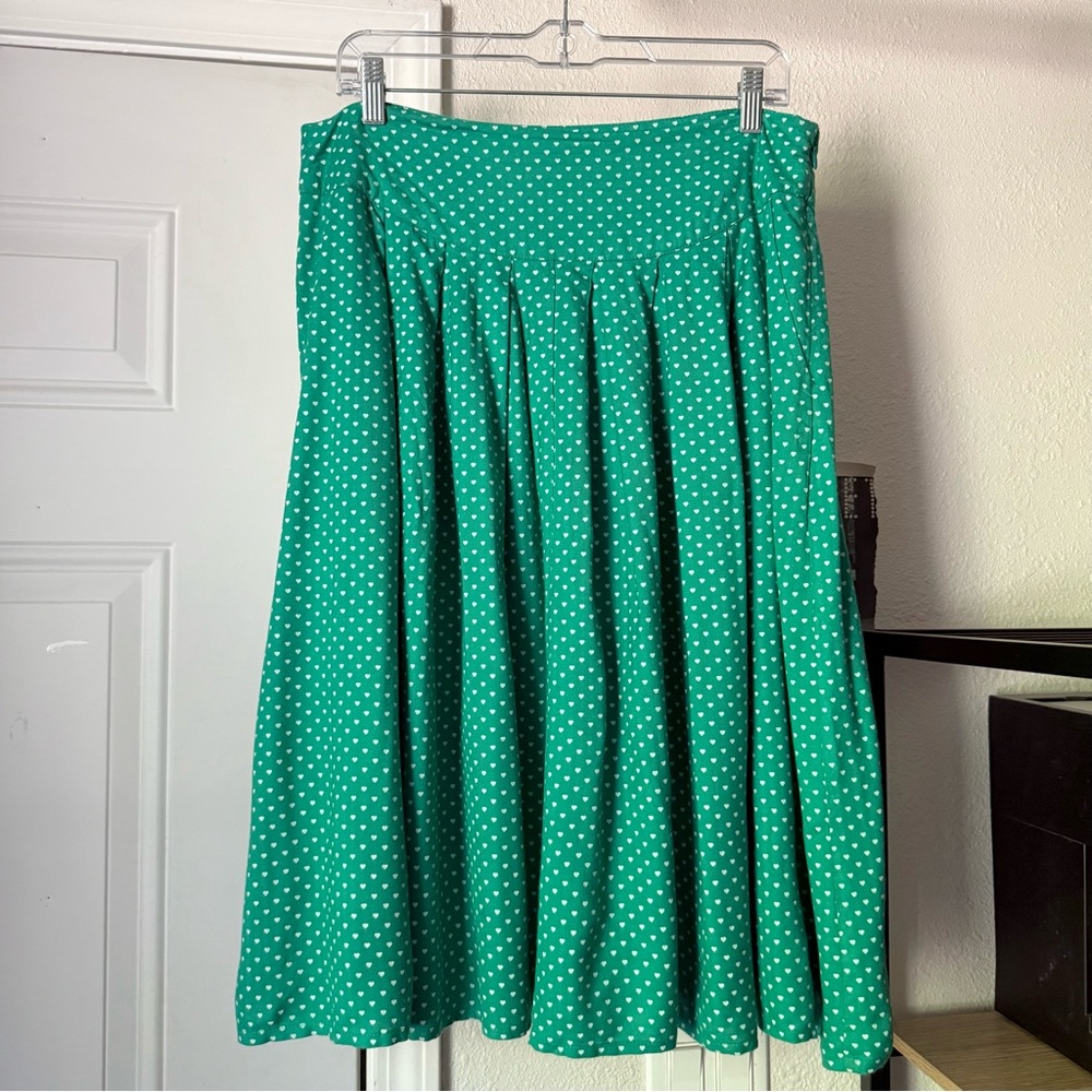 PRETTY‎ VACANT green heart print knit rayon pleated midi knee length skirt